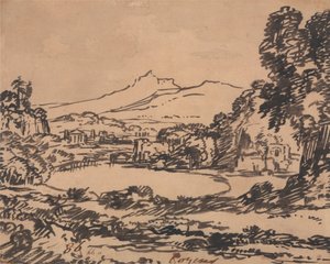 Paysage avec un lac et une montagne lointaine - Alexander Cozens