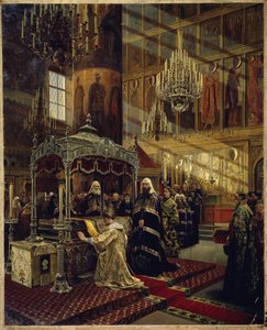 Le tsar de Russie Alexis I Mikhailovitch, dit le tsar très paisible (1629-1676) et le patriarche Nicon (1605-1681) sur le cercueil de Philippe I le métropolite de Moscou - Alexander Dimitrievitch Litovtchenko