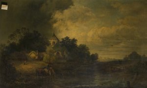 Paysage romantique avec chevaux buvant, fin 19e siècle