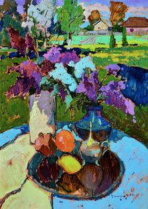 Nature morte estivale aux couleurs vives : lilas