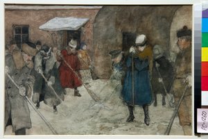 Des gens balayent la neige dans une rue en hiver