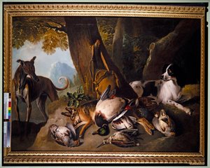 Chiens et gibier dans un paysage