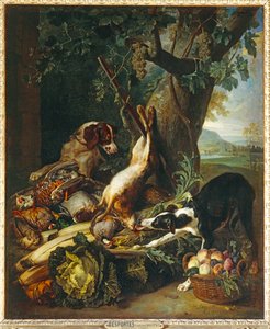 Gibier mort, legumes, fruits et deux chiens - Dead game, vegetables, fruits and two dogs ... - Alexandre-Francois Desportes