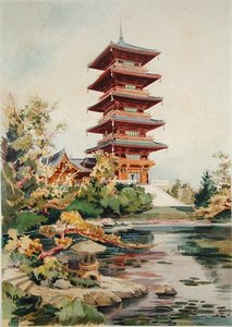 Tour japonaise dans le parc royal de Laeken, Belgique, de Orientalisme et Architecture Contemporaine, gravé par Jules Adolphe Chauvet