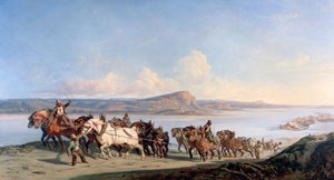 Attelage de chevaux tirant des bateaux sur le Rhône, vers 1825-1870 - Alexandre Dubuisson
