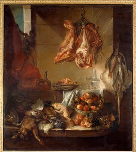Intérieur de cuisine avec nature morte de gibier, fruits et viande - Alexandre Francois Desportes