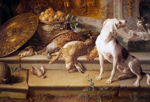 Nature morte Chien de chasse, gibier (lièvre, faisan, perdrix) (détail)