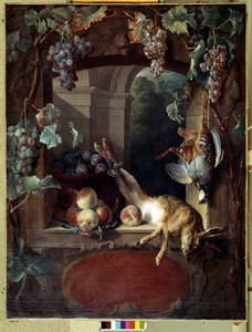 Nature morte à la treille. Raisins, pêches et gibier (lièvre, oiseau mort). Peinture par François Desportes (1661-1743) XVIIIe siècle. Lyon, Musée des Beaux-Arts