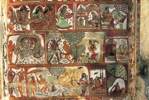 Fresques représentant la vie de Shiva dans le sanctuaire de Parvati, temple de Nataraya, Chidambaram, Tamil Nadu, Inde, 5ème siècle