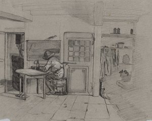 Intérieur de ferme avec un garçon à une table - Alexandre Gabriel Decamps