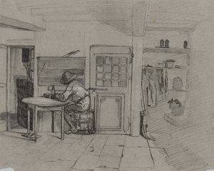 Intérieur de ferme avec un garçon à une table - Alexandre Gabriel Decamps