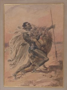 Lutte entre un guerrier et un lion