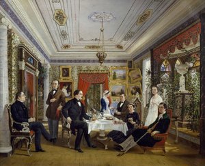 La famille Tarnovskj buvant du thé à table