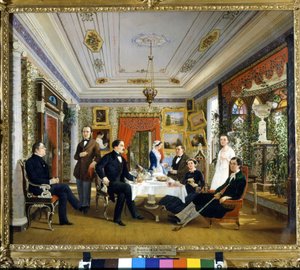 La table de thé. Peinture de Voloskov Aleksej Jakovlevic (1822 - 1882)