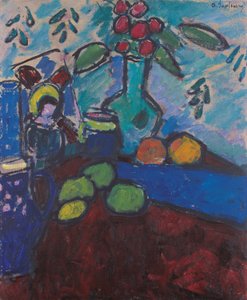 Nature morte avec peinture sur verre inversée, vase vert et fruits - Alexej von Jawlensky