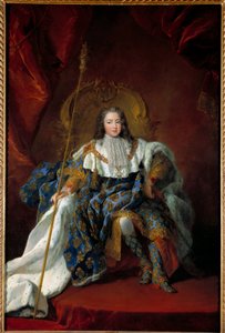 Portrait de Louis XV (1710-1774) enfant sur son trône vêtu du costume et des attributs sacrés. Peinture d