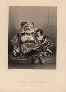 Comte de Dalkeith (William Henry), Henry John et Walter Charles Scott Douglas, fils du 5e duc de Buccleuch, 7e duc de Queensberry. Deux fils portent des robes en tartan avec des rubans, le plus jeune porte un bonnet et une robe en satin. Gravure en acier p - Alfred Edward (after) Chalon