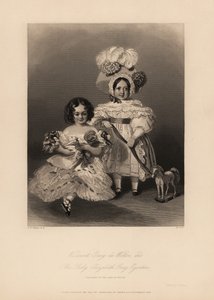 Vicomte Grey de Wilton et Elizabeth Grey Egerton, enfants de Thomas Egerton, 2e comte de Wilton. Fille avec des boucles et une robe à volants tenant une poupée, et fils en robe et bonnet à plumes tenant un ruban attaché à un cheval jouet. Gravure en acier  - Alfred Edward (after) Chalon