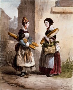 Petits métiers : la boulangerie. Jeune marchand de pain ambulant. Gravure par Alfred Andre Geniole de « Les femmes de Paris » 1841-1842 Paris, Musée Carnavalet - Alfred Andre Geniole