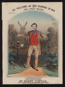 Aussi bienvenu que les fleurs de mai, ou Le joyeux meunier, composé et chanté par Harry Clifton, couverture de musique victorienne - Alfred Concanen