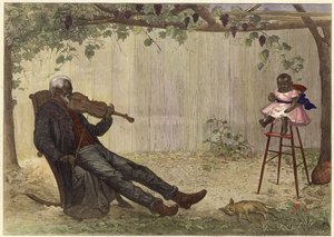 Vieil homme noir jouant du violon à un bébé (gravure en couleur) - Alfred Edward (after) Emslie