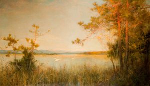 Reedy Mere et collines ensoleillées - Alfred Edward East