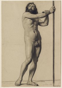 Étude académique de figure : nu masculin tenant un bâton, 1844