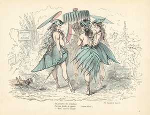 Femmes vêtues uniquement de robes en feuilles de figuier et de chapeaux, tenant des feuilles - Alfred Grevin