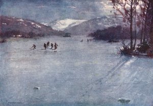 District des Lacs : Près du ferry, Windermere, patinage au clair de lune - Alfred Heaton Cooper