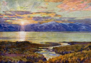 Soleil de minuit sur le lac Torne Trask, depuis Abisko - Alfred Heaton Cooper