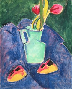 Fleurs dans un vase vert sur un tissu violet - Alfred Henry Maurer