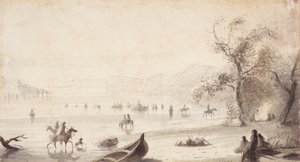 Navigation de taureaux à travers la Platte, c.1837 - Alfred Jacob Miller