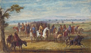 Caravane : Sir William Stewart monté sur un cheval blanc, vers 1837 - Alfred Jacob Miller