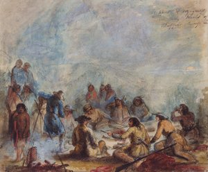 Lever de soleil, trappeurs et voyageurs prenant leur repas de côte de bosse de bison, c.1837 (aquarelle sur papier) - Alfred Jacob Miller