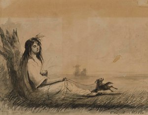 Femmes allongées avec un chien en laisse (d