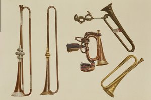 Trompette de cavalerie, un clairon, une trompette dorée fabriquée par John Harris vers 1730, une trompette et une trompette à monture en argent par William Ball vers 1680, de 