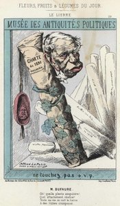 Le Lierre : caricature sur Jules Armand Dufaure (1798-1881) entouré de lierre avec un rouleau de papier portant l