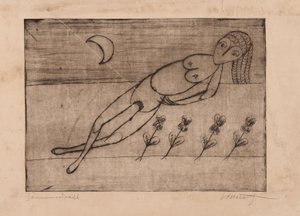 Croissant de lune, fleurs et nu féminin (eau-forte et aquatinte sur papier)