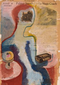 Femme assise à une table (aquarelle sur papier journal et collage)
