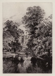 Cambridge : Le Cam près de Trinity College, avec la tour de la chapelle de St John