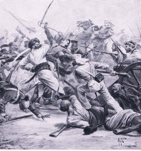 Défaite des rebelles par Nicholson à Najafgarh, 2 août 1857, illustration de British Battles on Land and Sea, 1915
