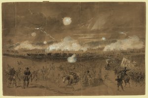 Corps de Couch formant une ligne de bataille dans les champs à Chancellorsville pour couvrir la retraite du onzième corps fuyant honteusement