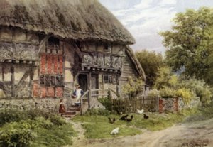 Vieux cottage, Bignor, Sussex (lithographie en couleur) - Alfred Robert Quinton