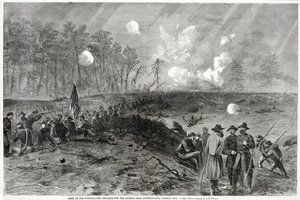 Armée du Potomac - La lutte pour le saillant, près de Spottsylvania, Virginie. 12 mai 1864, de Harpers Weekly, pub. 1864 - Alfred Rudolph Waud