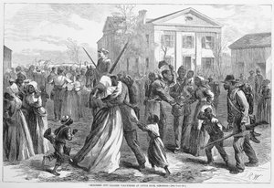 Volontaires de couleur démobilisés à Little Rock, Arkansas, de Harpers Weekly, pub. 1866 - Alfred Rudolph Waud