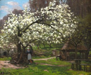 Printemps, paysanne sous les arbres en fleurs, vers 1865
