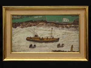 Trois bateaux entre le phare et le rivage, vers 1930