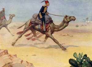 Le général britannique Charles George Gordon galopant à travers le désert du Sahara sur un chameau - Alfred Wallis Mills