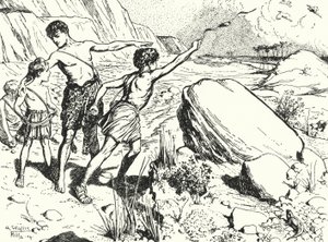 Hannibal et ses frères apprenant à lancer des pierres avec une fronde
