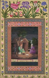 Deux vieux hommes en discussion devant une hutte, folio de l